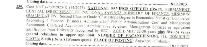 FPSC National Savings Officer Jobs 2023 in Ministry of Finance page 1